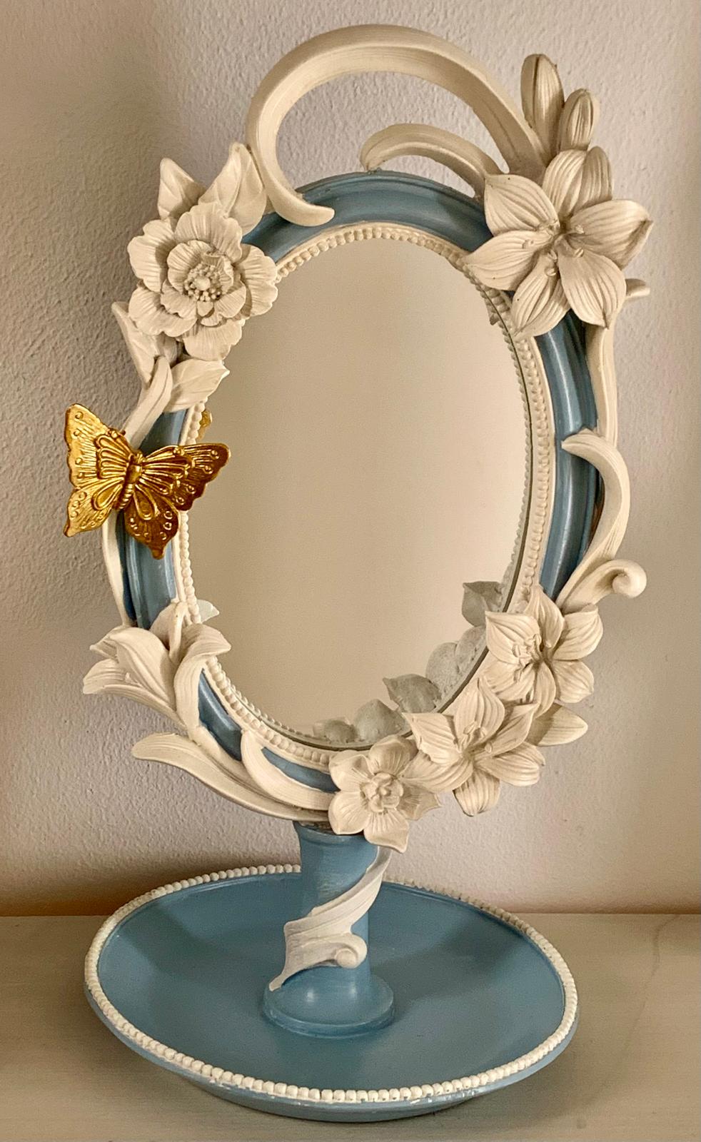 Decoratieve staande spiegel met bloemen en vlinders - Blauw/Wit 16x14x27cm