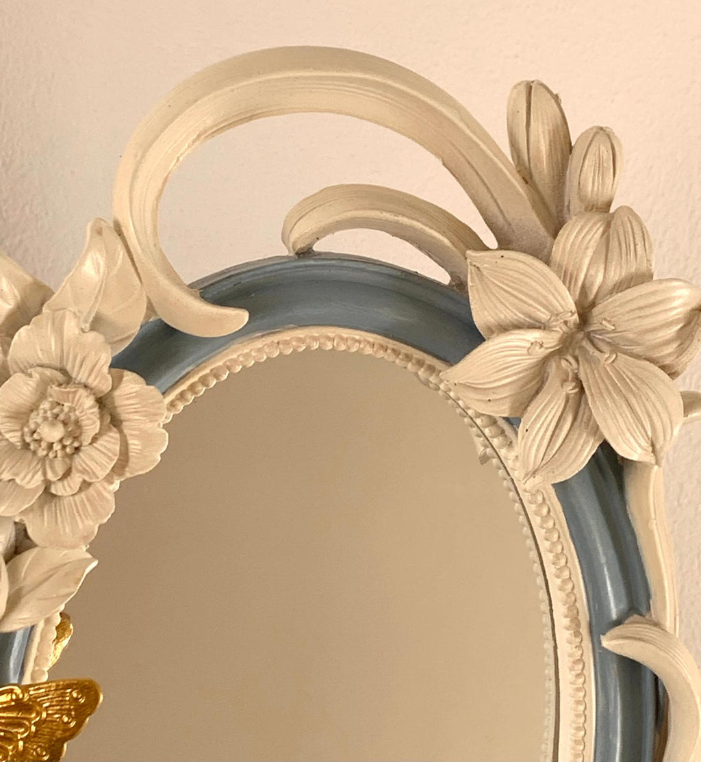 Decoratieve staande spiegel met bloemen en vlinders - Blauw/Wit 16x14x27cm