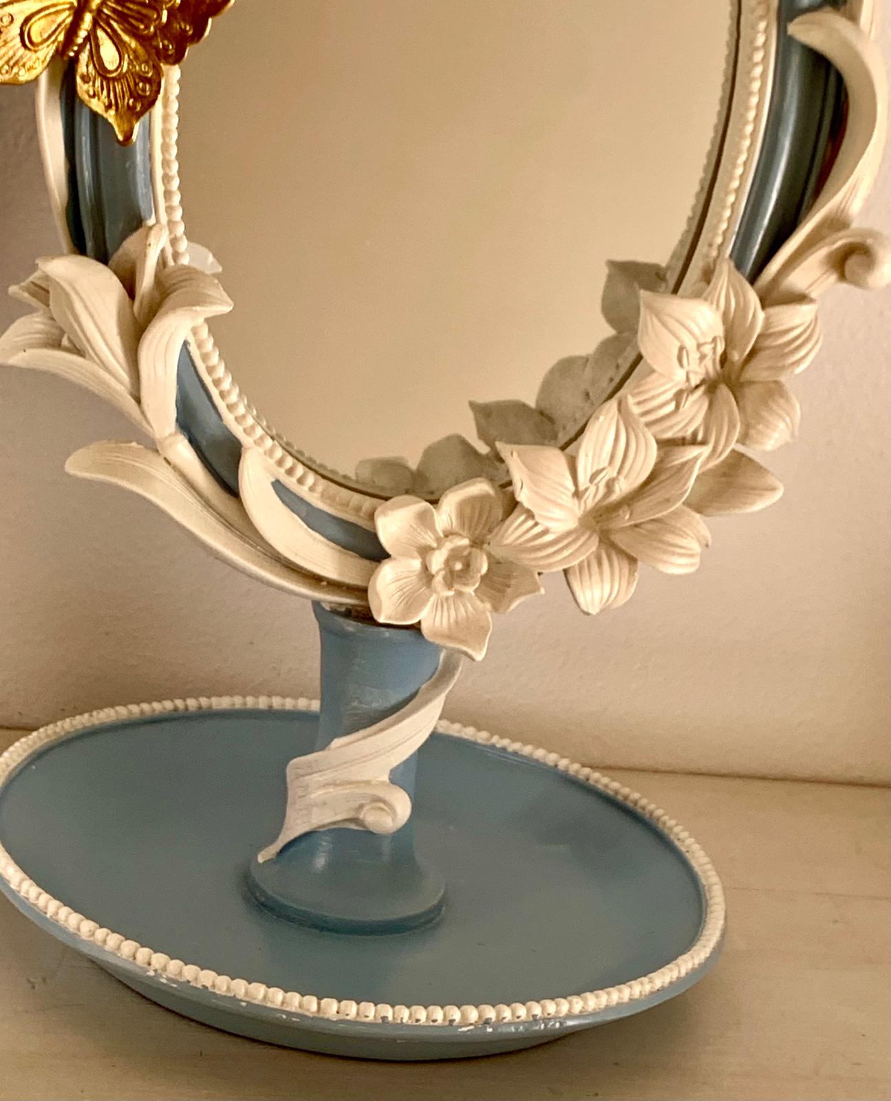 Decoratieve staande spiegel met bloemen en vlinders - Blauw/Wit 16x14x27cm