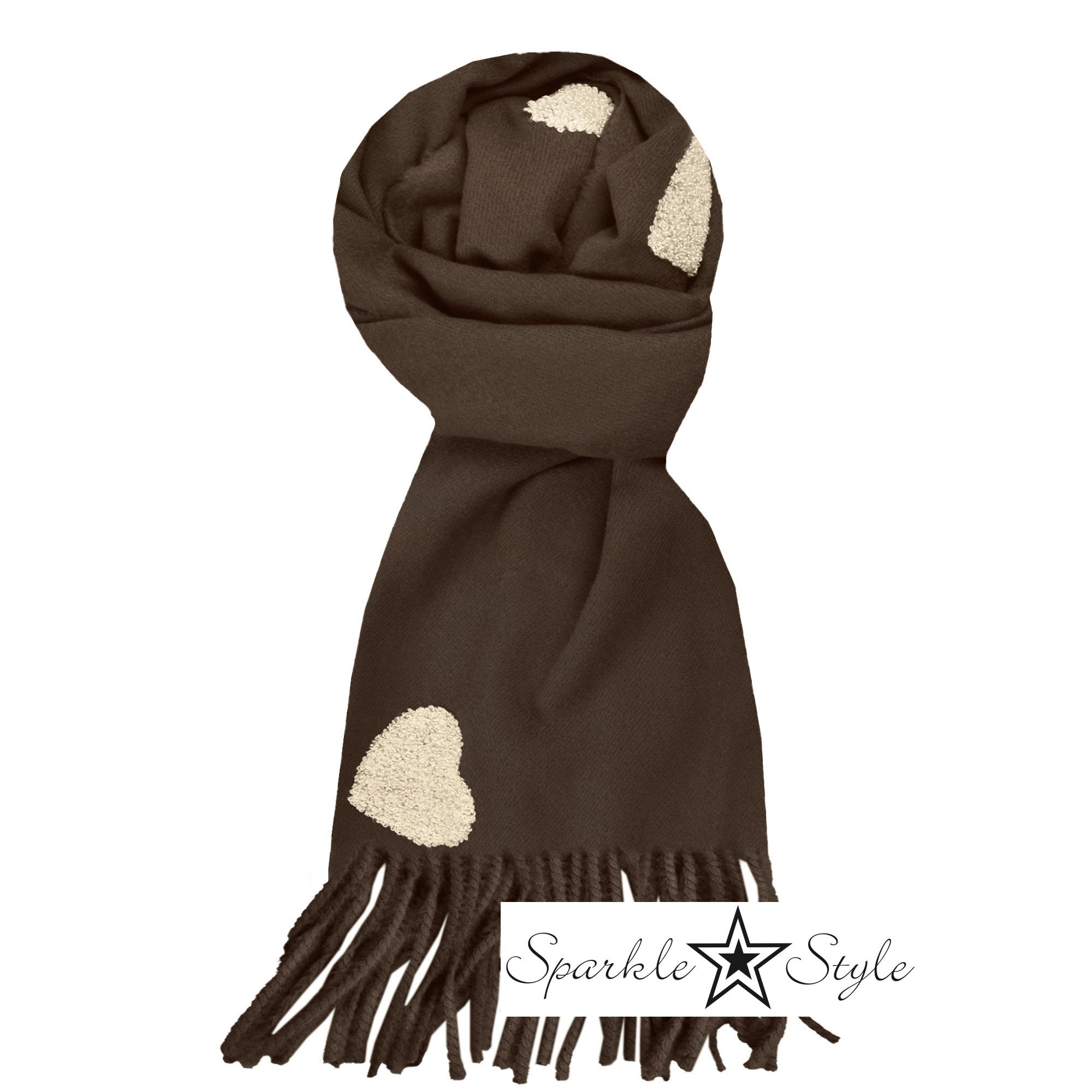 Sparkle Style warme Bruine sjaal met gehaakte Sparkle hartjes 
